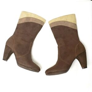 PREDICTIONS Shania Platform Mid-Calf Faux Suede Colorblock Boots 7.